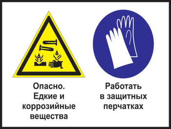 Кз 64 опасно - едкие и коррозийные вещества. работать в защитных перчатках. (пленка, 400х300 мм) - Знаки безопасности - Комбинированные знаки безопасности - Магазин охраны труда и техники безопасности stroiplakat.ru