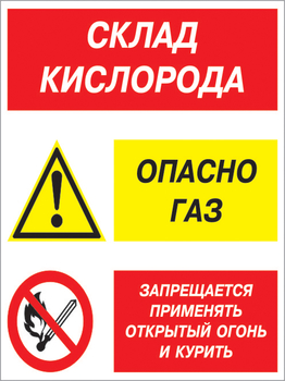 Кз 14 Склад кислорода. опасно газ - запрещается применять открытый огонь и курить. (пленка, 400х600 мм) - Знаки безопасности - Комбинированные знаки безопасности - Магазин охраны труда и техники безопасности stroiplakat.ru